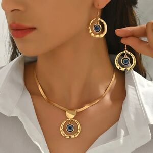 Gold Plated Evil Eye Necklace And Earrings Set
